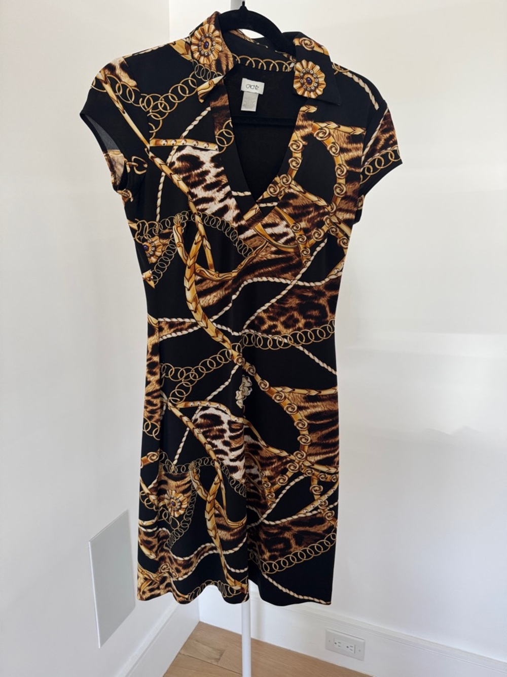 Cache Black and Gold Chain & Animal-Print Collared Mini Dress
